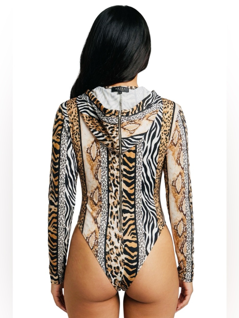 AKIRA Hooded Animal Print Long-Sleeve Bodysuit - Picture 3 of 14